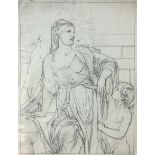 Pencil drawing depicting neoclassical style, figure of a woman with child and peacock behind
