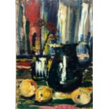 Oil painting on cardboard depicting still life with apples and jug 20th century. allegedly by