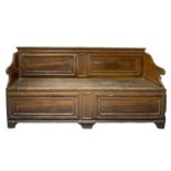 Sicilian chest in lacquered brown spruce. 17th / 18th century. Adaptable to bed. H cm 97x190x47.