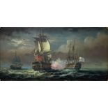 Oil painting on panel depicting sailing ships at sea, early twentieth century. Cm 20x40. Frame