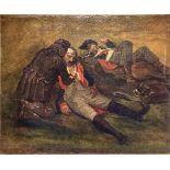 Oil painting on canvas depicting rescue wounded soldiers, the nineteenth century. 23,5x28,5 cm.