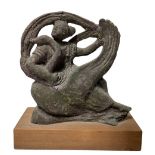 Glazed bronze terracotta sculpture with wooden base depicting Leda and the swan.