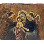 Wood panel gold background representing Madonna with Child in her lap and two adoring angels in the