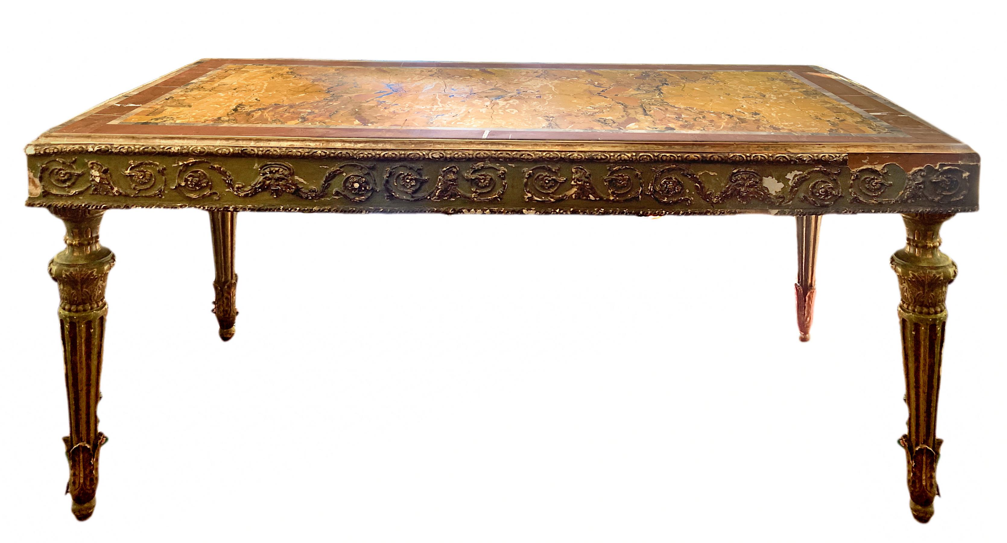 Green lacquered table with yellow Siena marble, early nineteenth century. H 81x180 cm, depth 90