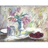 Oil painting on canvas depicting still life of flowers and fruit. Elio Romano (Trapani, 1909 -