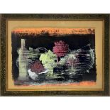 Mixed media on paper depicting still life of fruit and bottles. Cm 50x70. In frame 73x93 cm. Signed