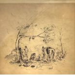 ink drawing depicting bivouac men, 20th century. 14,5x14,5 cm. In frame 27x27 cm. Signed on the