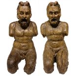 Sculptor of the sixteenth century, pair of wooden sculptures depicting satyrs, important