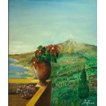 Oil painting on canvas depicting views of Etna from the terrace. Cm 59x49. In frame 80x70 cm.