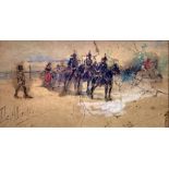 watercolor piece on paper depicting mounted police and characters. Signed on the lower left De