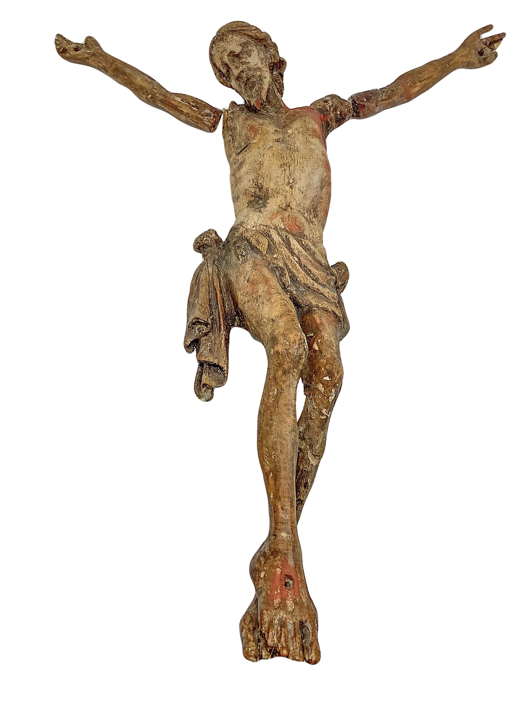 Wooden sculpture depicting Christ. XVI century. H cm 38. Arms in need of restoration.