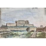 watercolor piece drawing on paper depicting the fortress Agosta, Roma, dated 25 May 73. 215 x 320