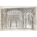Drawing allegedly by G.Saitta,brown ink on paper with internal columns and statues, dated February