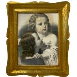 Wooden picture frame with golden tray mecca with gouache depicting two girls. 20th century. 70x59