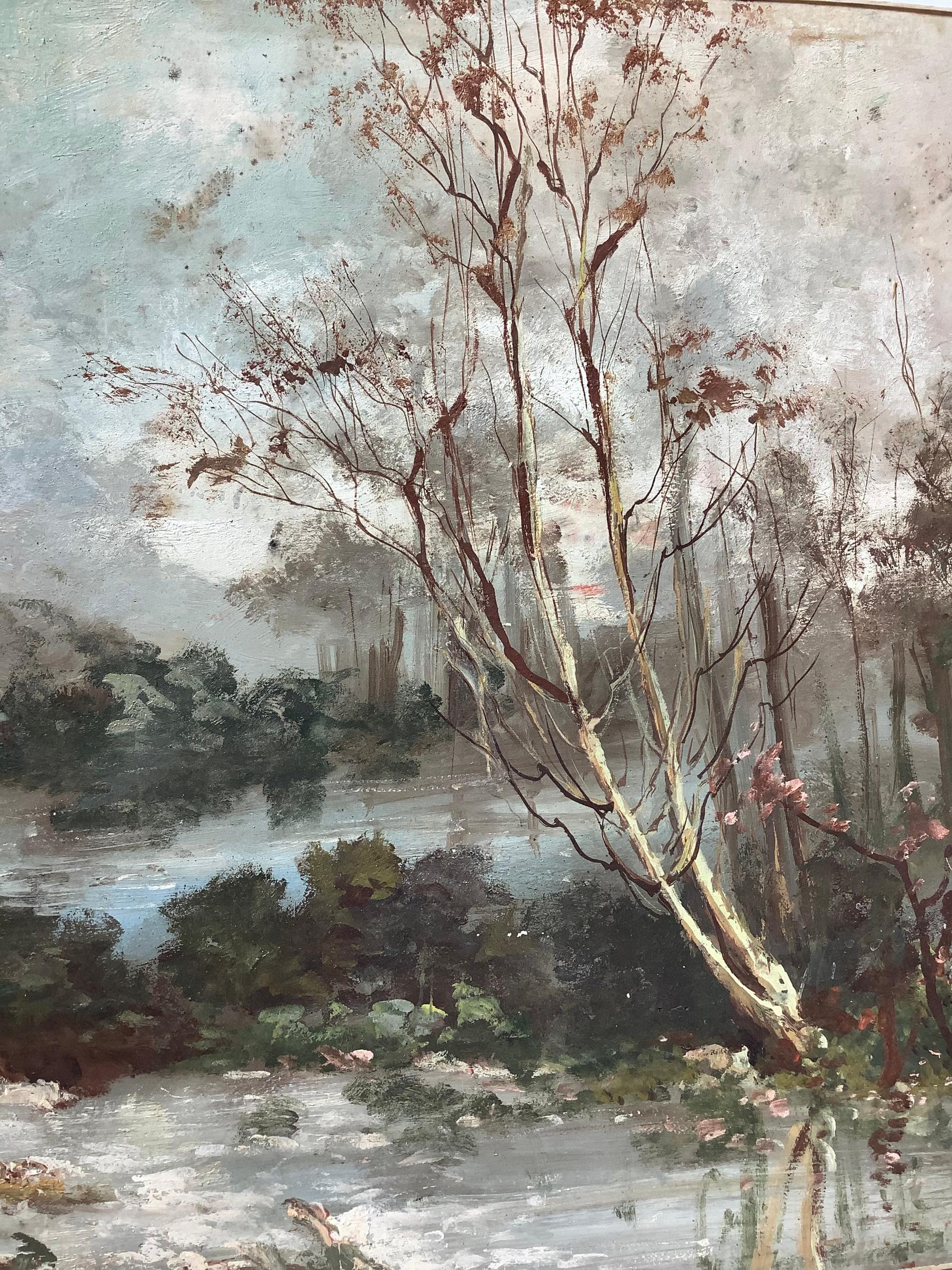 Oil painting on canvas depicting river landscape with trees, early twentieth century. 75x100 cm. - Image 3 of 4