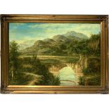 Oil painting on canvas depicting landscape with lake and waterfall. 90x60 cm, framed 115x75 cm