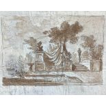 Drawing allegedly by G.Saitta, with sepia ink on paper depicting garden. 160x250 mm