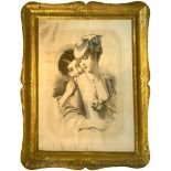 Wood frame on golden tray mecca, Sicily Early nineteenth century print of young women with hair. Cm