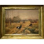 Oil painting on masonite depicting field with birds, the early twentieth century. Cm 40x50. Signed