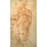 Drawing Allegedly by Luca Giordano (Naples 1634-1705) depicting woman with cape. Blood on paper. Mm