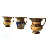 3 mugs glazed and gilded ceramic. 20th century. H 15 cm, 9 cm mouth.