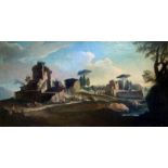 Oil painting on canvas depicting a view of the Tiber with archaeological characters, Andrea