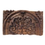 Fragment of walnut wood carved frieze depicting Santa Barbara with putti and satyrs, 17th / 18th