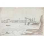 brown ink drawing on paper depicting Civitavecchia, anonymous nineteenth century. 444X296mm