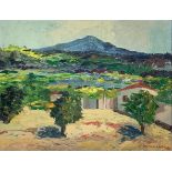 Oil painting on wood depicting Etna countryside. Painted stain. Signed and dated at the bottom