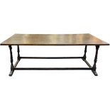refectory table in walnut, four legs rocchetta with horizontal ties on both sides, the end of the