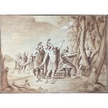 ink drawing depicting a sepia and white lead preparation of the pile for the funeral of Hector, the