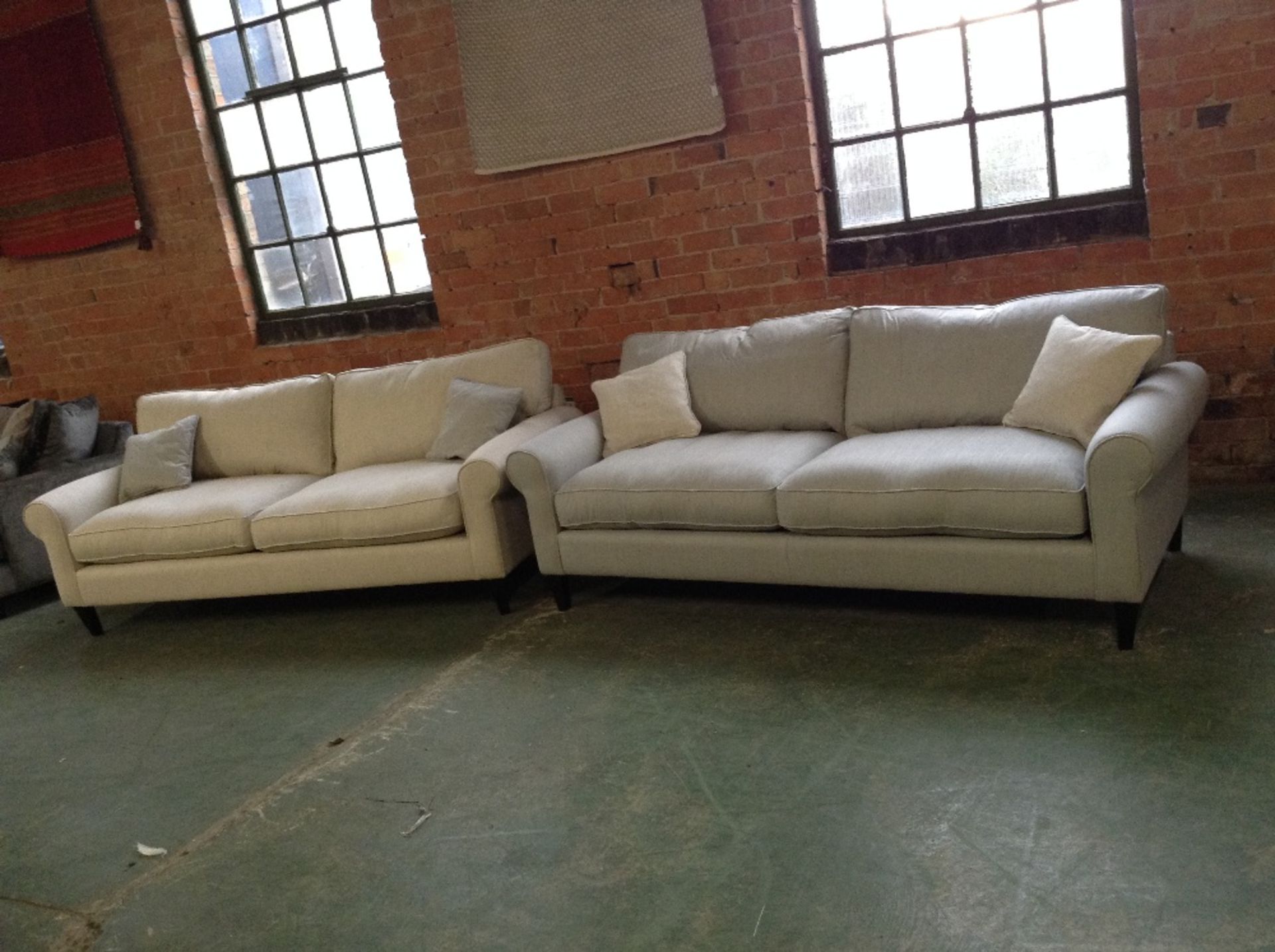 GREY FABRIC 3 SEATER SOFA AND NATURAL FABRIC 3 SEA