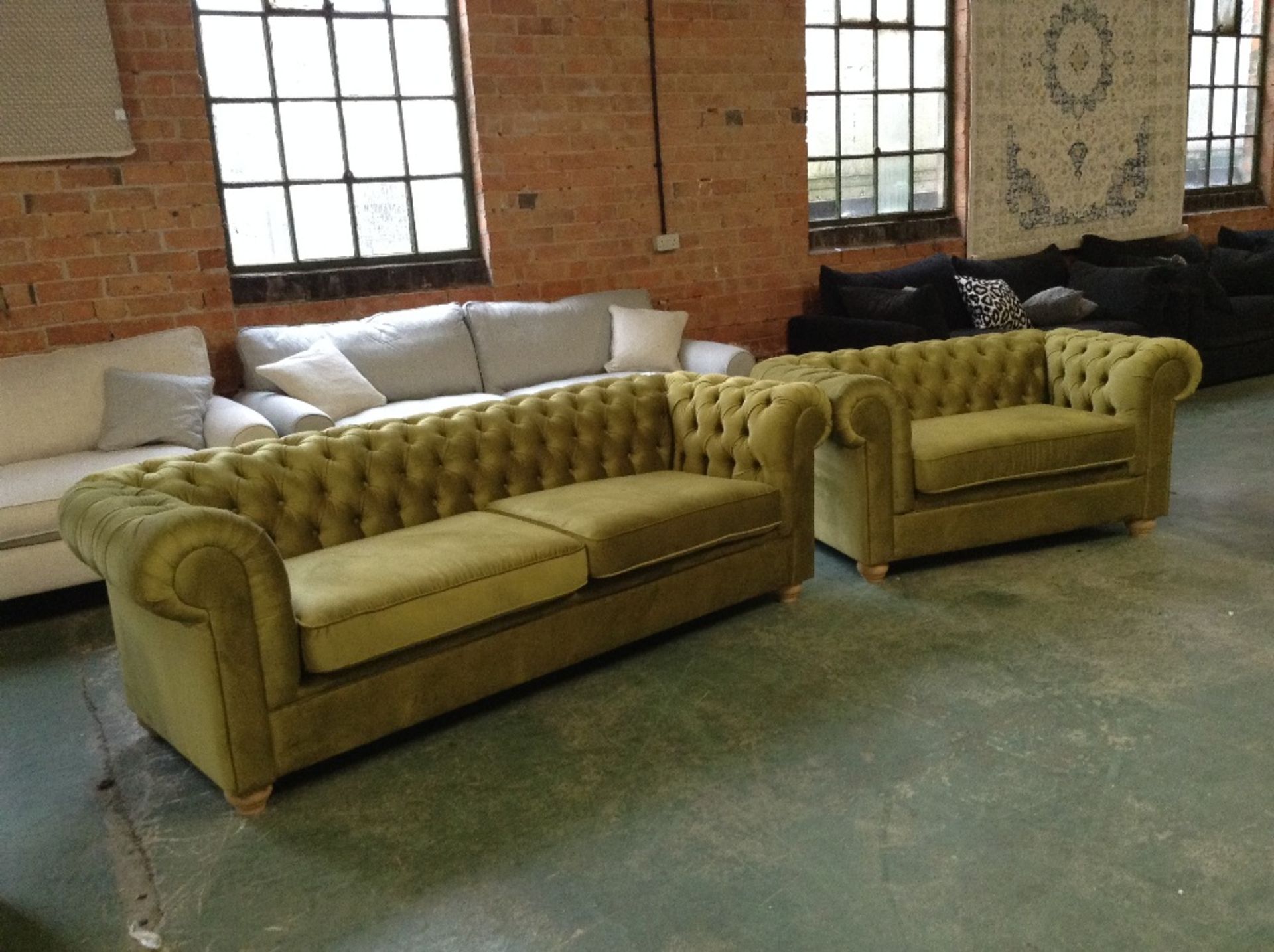 VELVET LIGHT GREEN 3 SEATER SOFA AND SNUG CHAIR (S