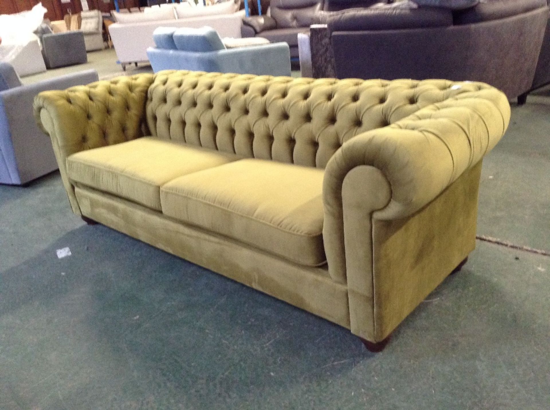 VELVET LIGHT GREEN CHGESTERFIELD 3 SEATER METAL AC