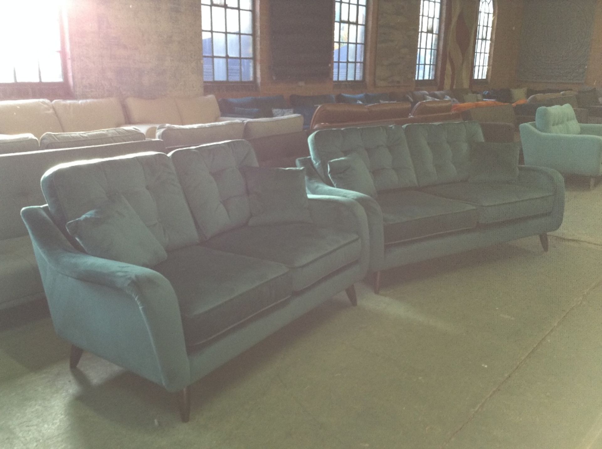 GREEN VELVET 3 SEATER SOFA AND 2 SEATER SOFA