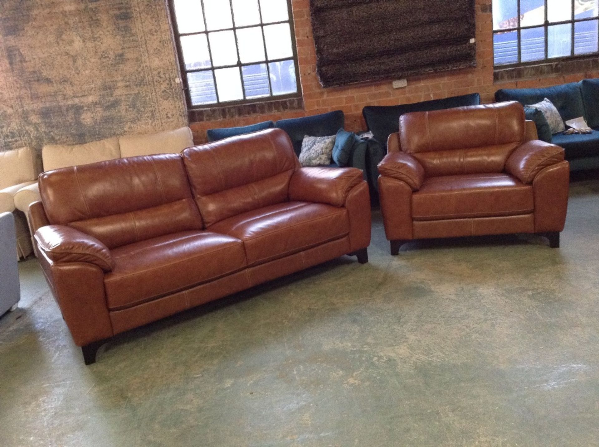 TAN LEATHER WITH WHITE STITCHING 3 SEATER SOFA AND