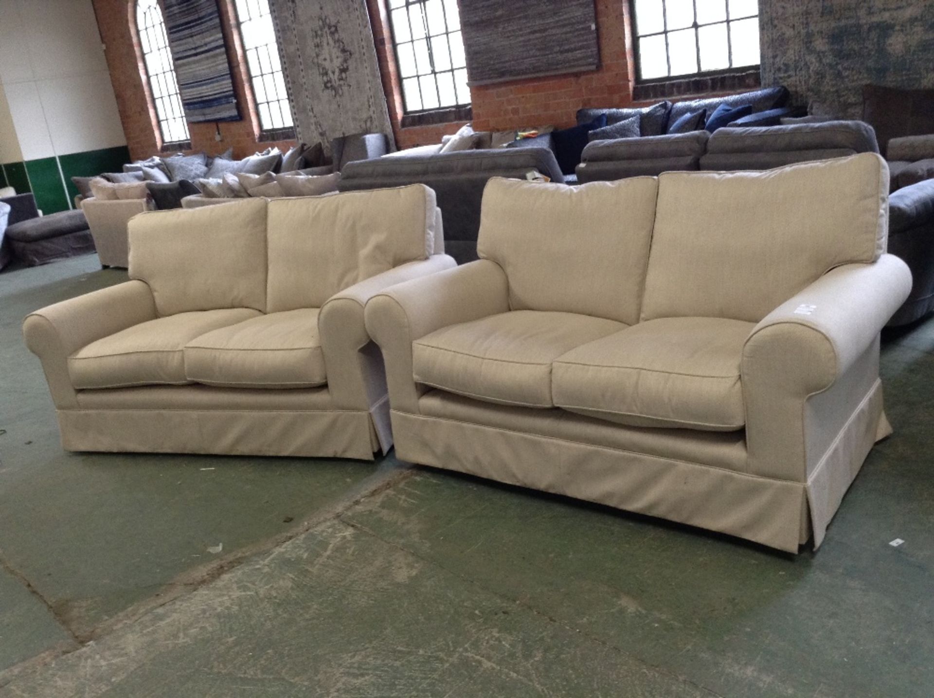 2 X BEIGE PATTERNED 2 SEATER SOFAS (TROO1830-WOO59