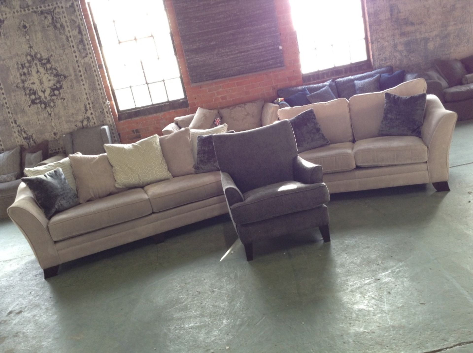 BEIGE FABRIC 3 SEATER SOFA 2 SEATER SOFA AND GREY