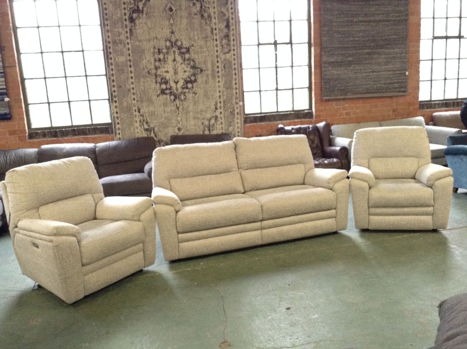 BISCUIT FABRIC HIGH BACK 3 SEATER SOFA CHAIR AND E