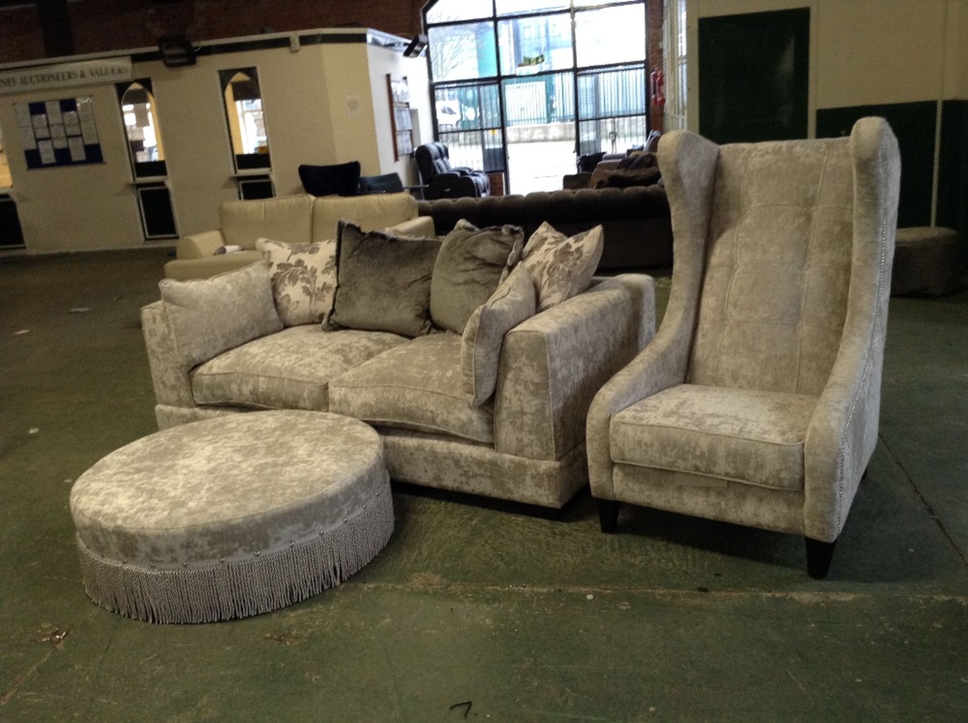 CHENILLE FABRIC 3 SEATER SOFA WING CHAIR AND ROUND