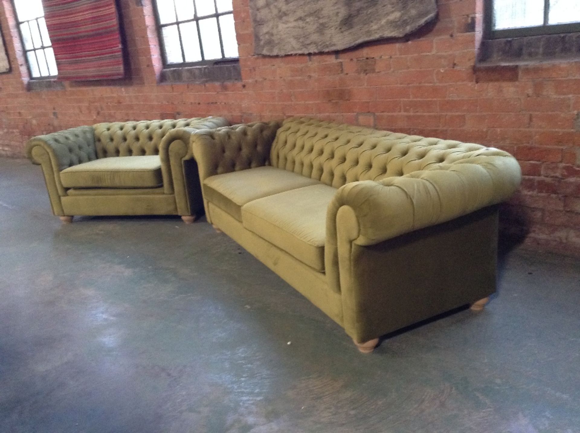 VELVET LIGHT GREEN CHESTERFIELD 3 SEATER SOFA AND