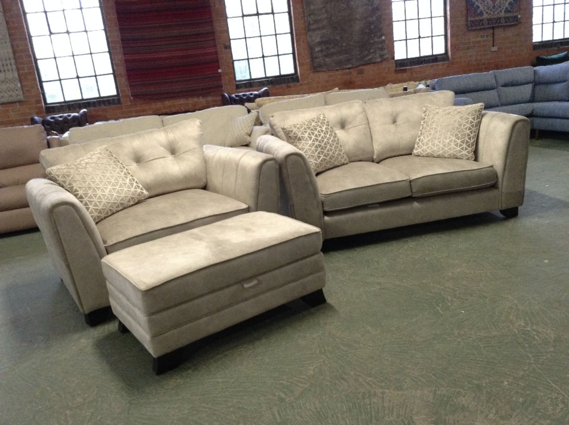 GREY SADDLE 2 SEATER SOFA SNUG CHAIR AND LARGE STO