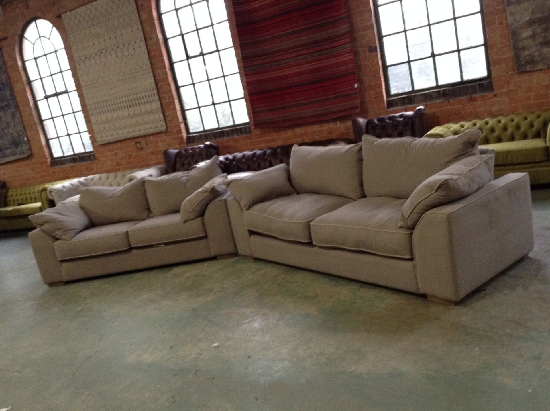 2 X BROWN FABRIC WITH SILVER BEADING 3 SEATER SOFA