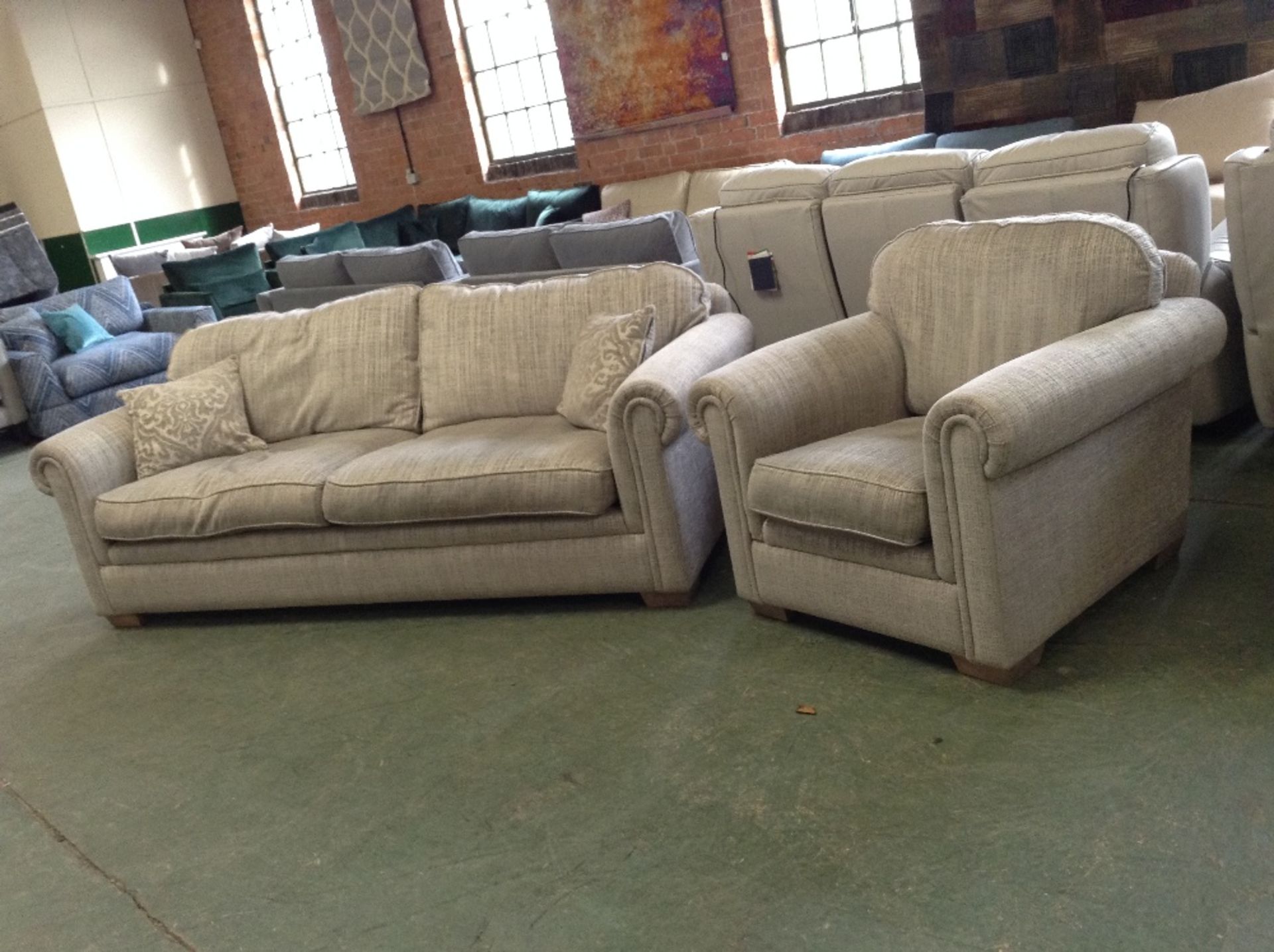 SILVER PATTERNED LARGE 3 SEATER SOFA AND CHAIR