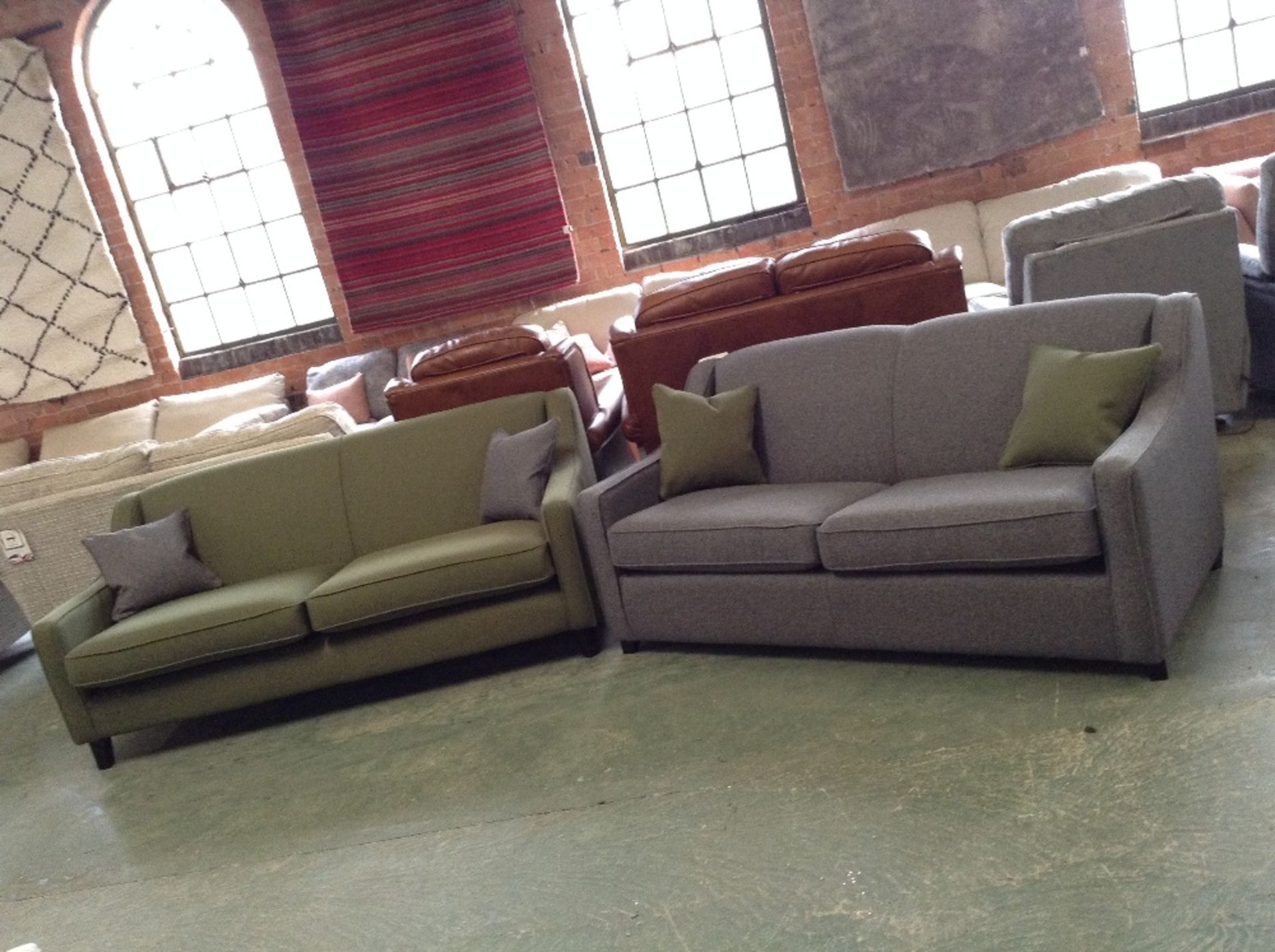 GREEN FABRIC 3 SEATER SOFA AND GREY FABRIC 2 SEATE