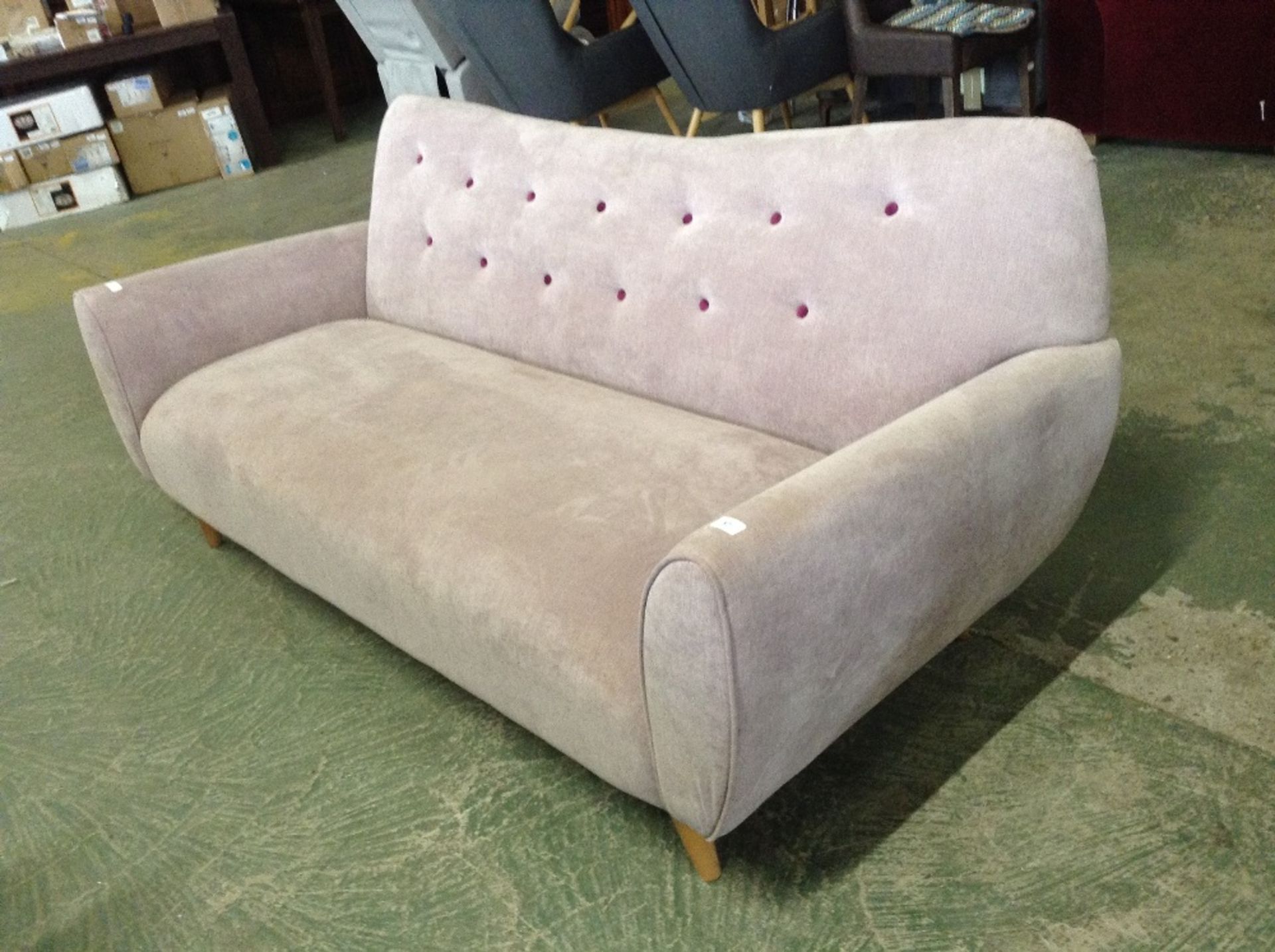 LILAC PATTERNED 2 SEATER SOFA (TEAR ON BACK )