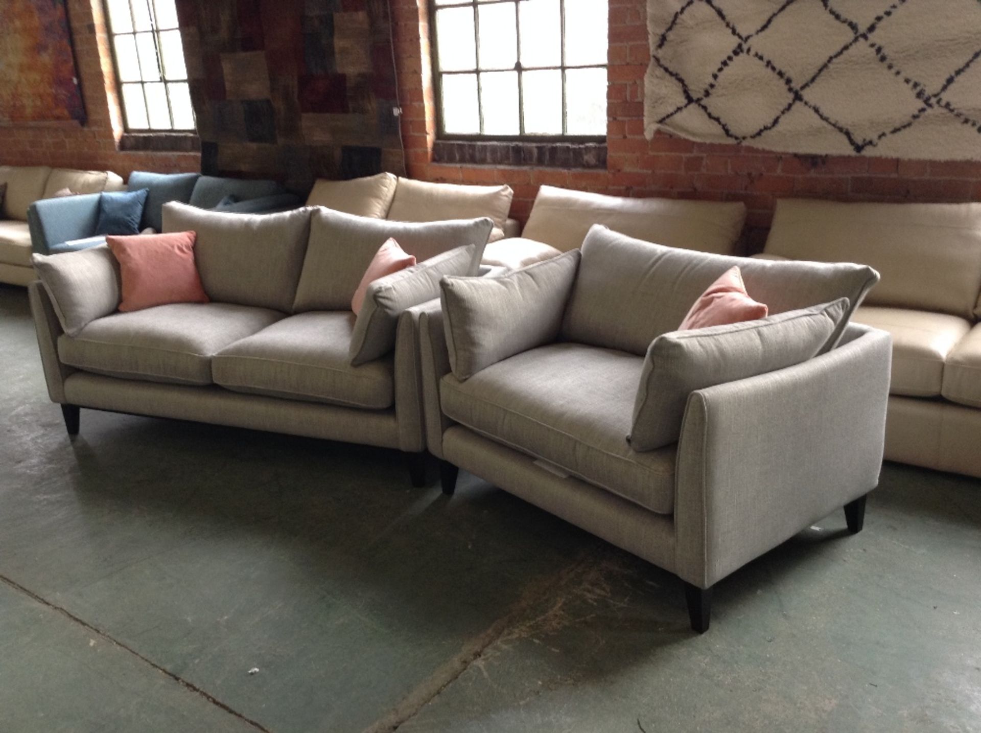 GREY FABRIC 3 SEATER SOFA AND SNUG CHAIR