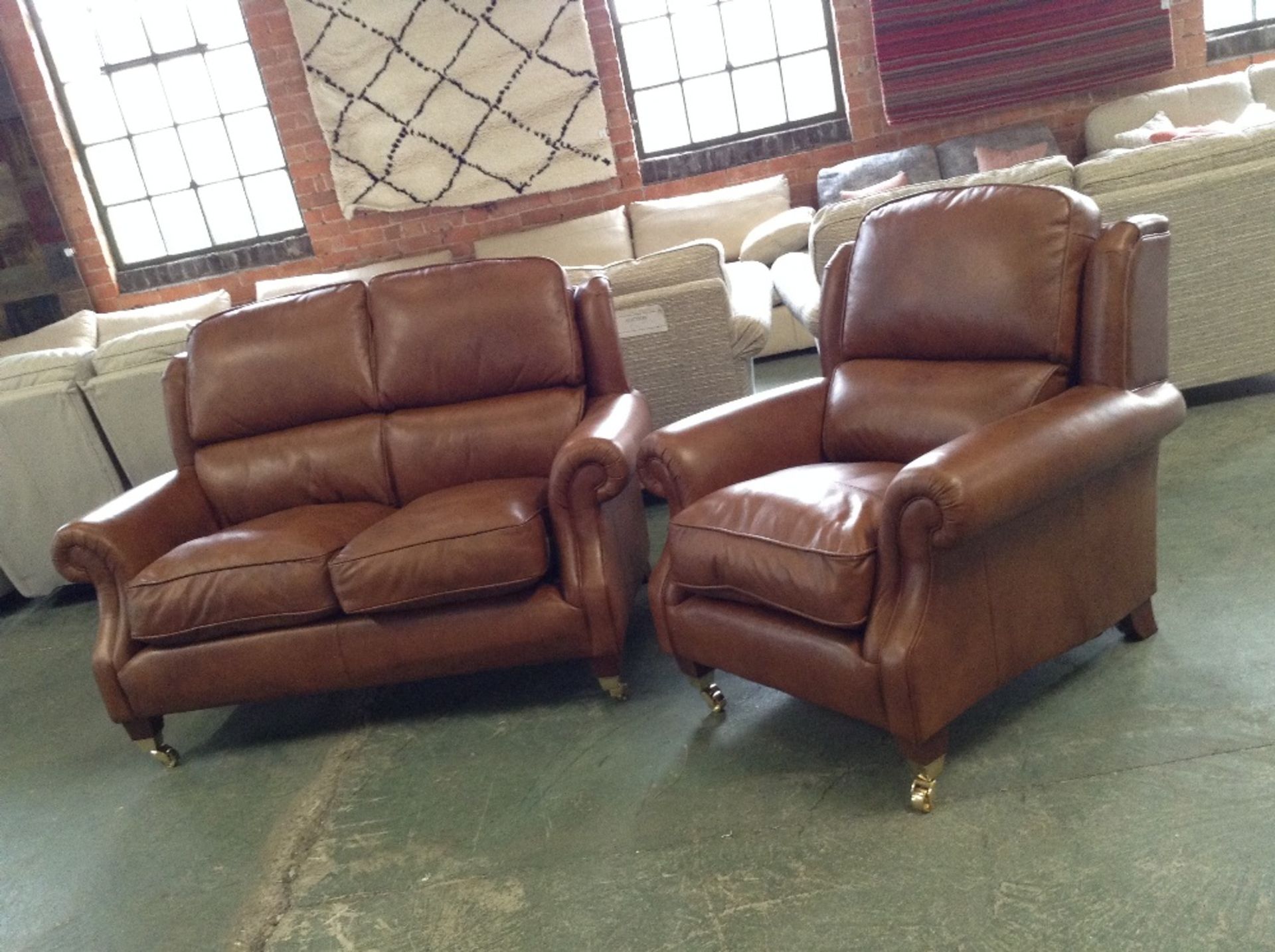 TAN LEATHER HIGH BACK 3 SEATER SOFA AND CHAIR (TRO