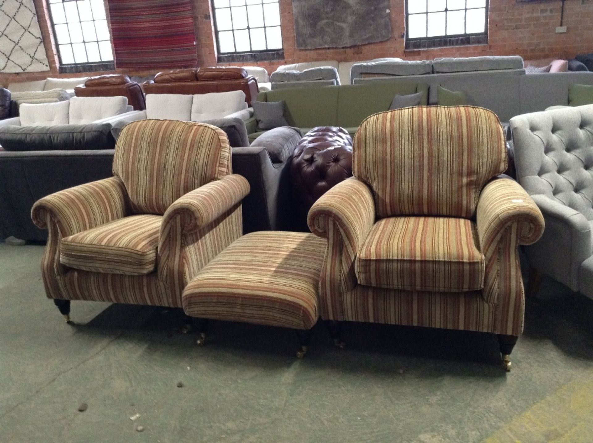 2 X MULTI COLOURED STRIPED CHAIRS AND FOOTSTOOL (T