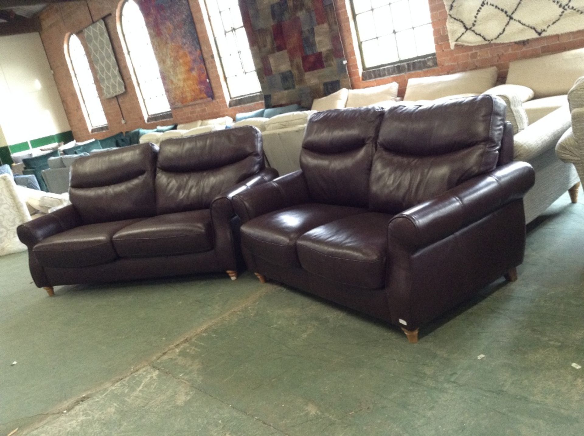 BROWN LEATHER HIGH BACK 3 SEATER SOFA AND 2 SEATER